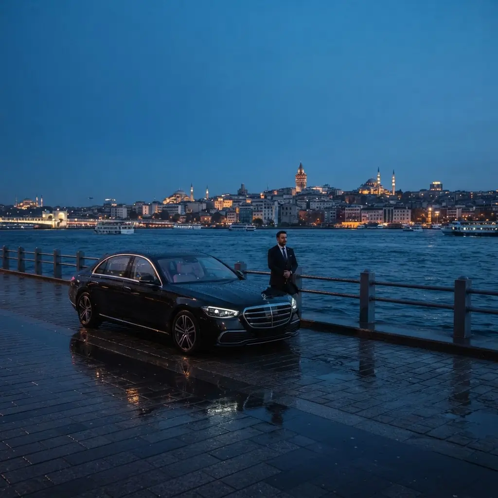Black luxury chauffeur car overlooking the Istanbul skyline